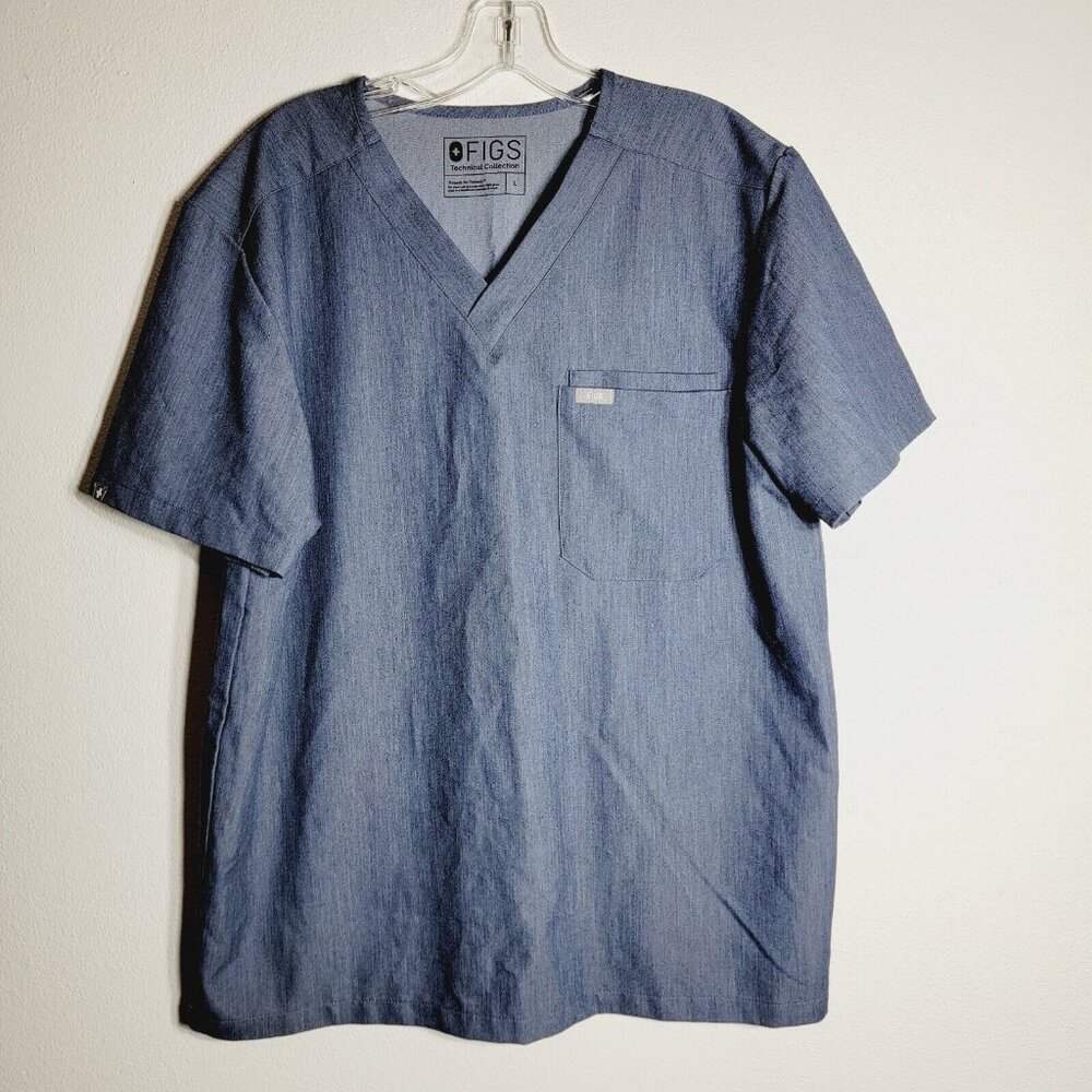 FIGS Technical Collection Womens Scrub Top Large Blue Short Sleeve Pockets Nurse